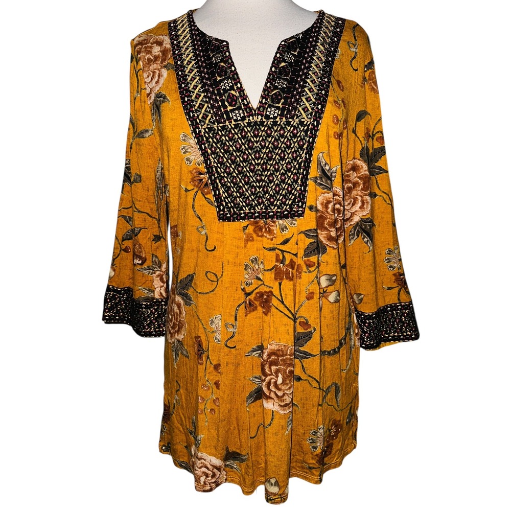 WB5 Soft Surroundings Floral Embroidered Tunic Top Boho Bohemian Hippie Medium‎